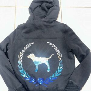 Y2K Victoria's Secret Pink Hoodie Lined Sequin Dog Logo Mcbling Scene Sz L